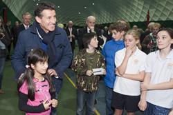 Young sports enthusiasts meet Sebastian Coe inside the Dome.