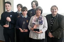  From left:  Tomos Laing year 10, Oscar Downing year 9, Gwyn Owens year 10 and Owen Hughes year 11 with their Chemistry Teacher Mrs David and Dr Lorrie Murphy