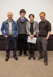 The Stand Up Competition Winner, Lauren Court-Dobson, with judges (L-R) Dyfan Roberts, Joshua Fenby-Taylor and Antony Butcher.