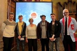 Stock Market Challenge Runners Up: Ysgol David Hughes (L-R): Glen Williams, Ianto Gruffydd, Sue Marshall (teacher), Rees Hope, Liam Aston and Martin Barnes from Ten Lane Learning (missing from photo: Joe Roberts)