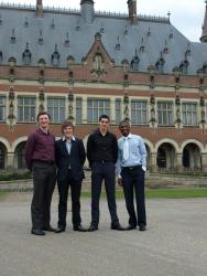 The successful Bangor Telders Team outside The Hague. L-R: Cathal McCabe, Adam Gulliver, Andrew Jones and Damian Etone.