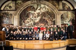 Student and pupil participants  in the Modern Languages Mentoring Scheme being congratulated on their efforst