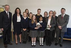 Professor John G Hughes, Vice-Chancellor (left) with staff and pupils of Ysgol Friars and Ysgol Cae Top, Dr Dusana Dorjee, Centre for Mindfulness Research and Practice and Huw Lewis AM