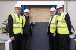 L-R: Prof John G Hughes (Vice-Chancellor); Lord Elis-Thomas (Chancellor of Bangor University); Leighton Andrews AM (Minister for Education and Skills, Welsh Government) and Chris Webster (Chief Executive of Miller Construction).