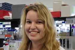 Victoria Hilditch in the Cancer Research Laboratory at Bangor University