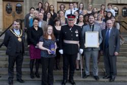 With Helen Munro, Trefor Alun, and the Lord Lieutenant are Mayor of Bangor Cllr Bryn Hughes, Prof Carol Tully PVC (Students) Dr Dewi Roberts of The University Council and some of the 250 SVB volunteers.