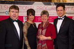 Left-right at the Procurement Awards were: Prof Dermot Cahill, Lucy Owen, the evening's presenter; Welsh Government Minister, Jane Hutt and Gary Clifford of the Institute of Competition & Procurement Studies.