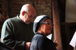 Welsh actors, John Ogwen and Maureen Rhys performing parts from the play, Siwan by Saunders Lewis.