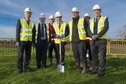 Professor John G Hughes, Ieuan Wyn Jones, Minister Ken Skates, and members of Willmott Dixon, who have just won the contract to construct the Science Park.