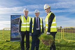 Prof  John G Hughes, University Vice-Chancellor and Ieuan Wyn Jones, Director of MSParc with Minister Ken Skates as he cuts the first turf at the Science Park site.