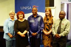 left to right: Prof Laurette Pretorius, Delyth Prys, Prof Lesiba Teffo, Dr Tegau Andrews, Prof Phalandwa Mulaudzi