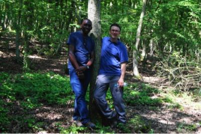 Matia Agaba on the left (MSc Tropical Forestry) and Chris Bates on the right (MSc Forestry) in the forest collecting data during the Training School in Boppard, Germany. Credit: Matia Agaba, July 2016.