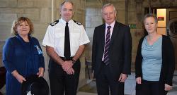 Professor Sian Hope, High Sheriff of Gwynedd, Mark Polin, Chief Constable of North Wales Police, Professor John Hughes, Bangor University Vice Chancellor and Professor Martina Feilzer, Head of School of Social Sciences