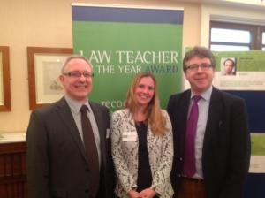 Law Teacher of the Year nominee Sarah Nason with judge Prof. Julian Webb (left) and Prof. Dermot Cahill, Head of Bangor Law School.