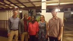 James Walmsley, Emil Amoah (MSc Environmental Forestry 2016), Cecilia Kwateng Yeboah (MSc Sustainable Tropical Forestry 2015), Genevieve Lamond, and James Brockington at the event held on 1st July in Accra, Ghana.