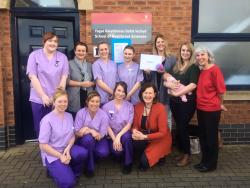 First and second year Student midwives, Sharon Breward, Infant feeding coordinator for BCUHB (in grey), Lynne Edgerton (in red) and Sheila Brown (in orange).