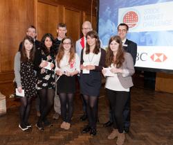St Gerard’s School, Bangor, winners of the 2012 Stock Market Challenge, collecting their trophy from Ian Hardy of HSBC: the team members are Hannah Niesser, Anna Jones, Sacha Healey, Harriet Ohri and Bethan Humphreys with their teacher Mr Paul Hanlon and Dr Rhys ap Gwilym of Bangor Business School. 