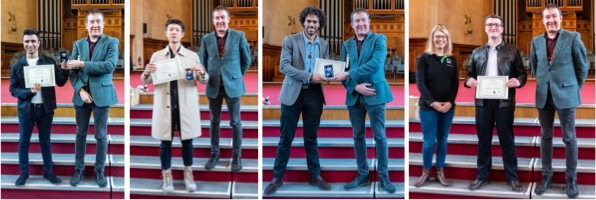 [Prize winners, with Head of School Dr Iestyn Pierce, left to right: Azhar Khalil, Renjie Yu, Yannick Atuhaire Matinez, and Gareth Parry-Jones with Sian Shepherd from S2 recruitment